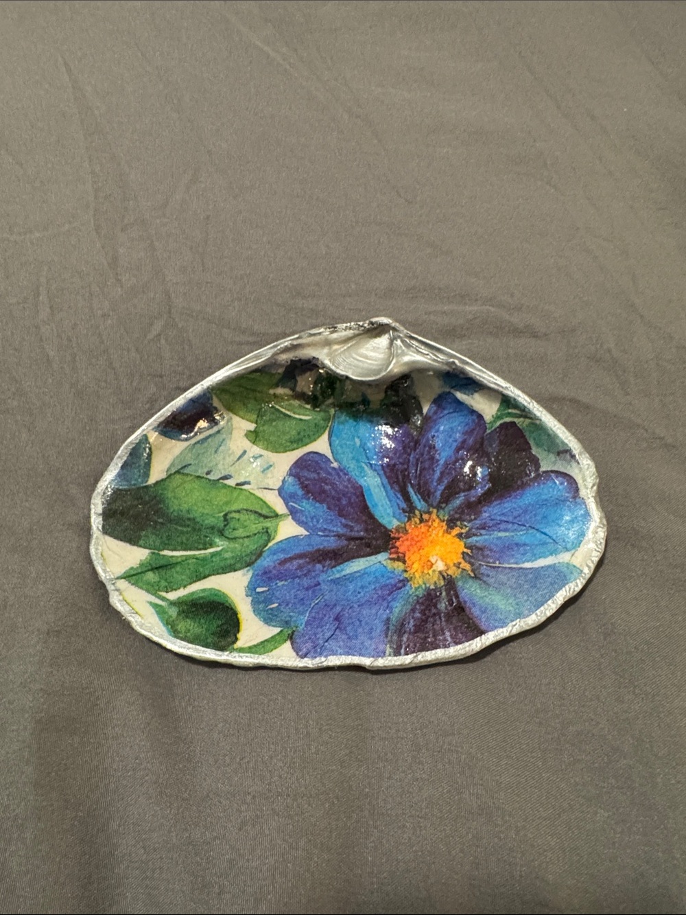 Hand made Blue Floral Decorative Shell Trinket dish